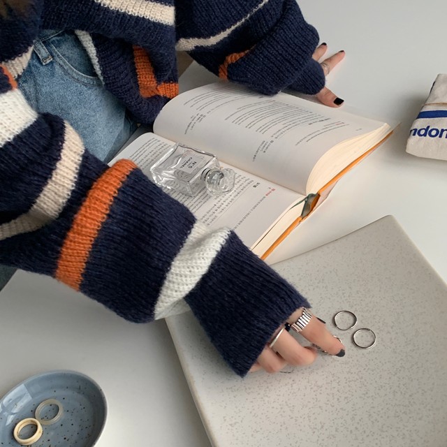 ニットセーター ボーダーニット Vネック 長袖 ルーズ 韓国ファッション レディース ニット セーター ボーダー 秋冬 ゆったり 大人可愛い ガーリー Dtc レディースファッション通販 Mask エムエーエスケー 大人可愛い韓国ファッション