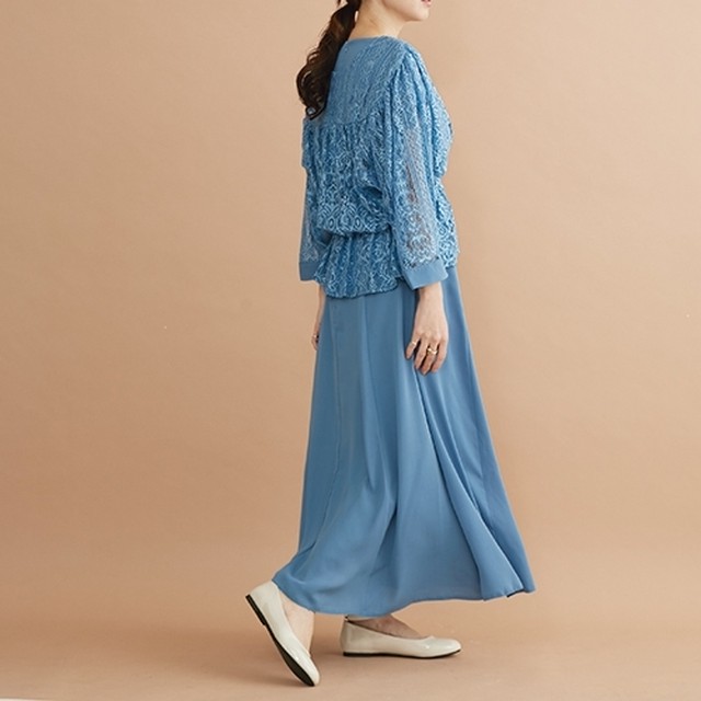 レースカーディガンセット フレア ワンピース ブルー Memory Glass