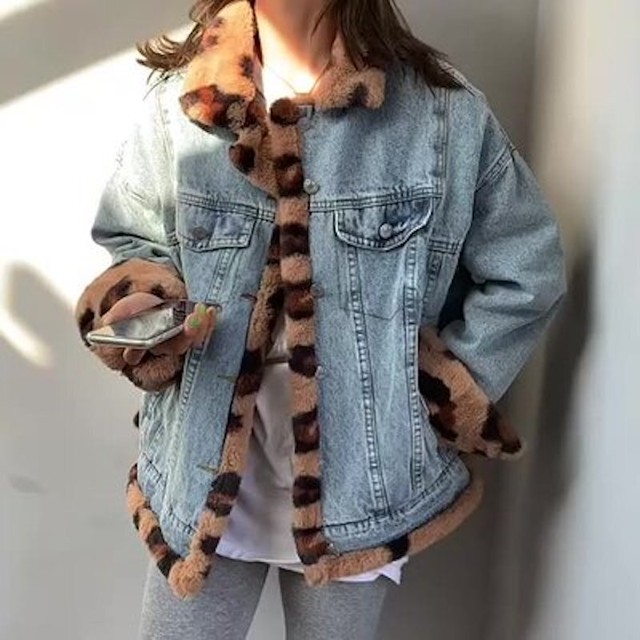 リバーシブル ヒョウ柄 Gジャン デニムジャケット メンズライク カジュアル アウター もこもこ レオパード ゴージャス 秋冬 着まわし 学生 お出かけ Ptnym3495 Shop Suba