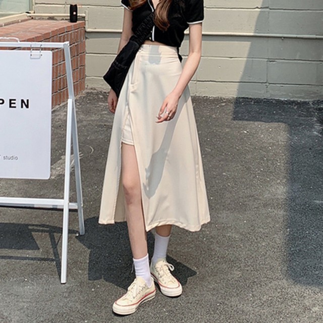 スカート ミモレ丈 アシンメトリー 韓国 ファッション レディース オルチャン 春 夏 スリット セクシー Cocotown