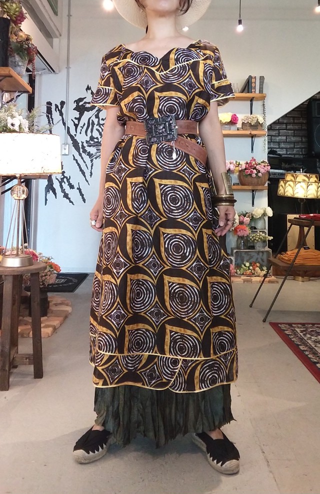 Dr 299 n ろうけつ染めアフリカンワンピース Alocasia Vintage アロカシアヴィンテージ