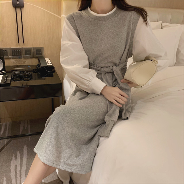 パフスリーブシャツレイヤードデザインワンピース レディース ワンピース シャツワンピ シャツワンピース 長袖 Aライン ロング 袖付き スウェット カジュアル ママコーデ 韓国 海外 旅行 女子会 お出かけ デート 買付商品 Lusula