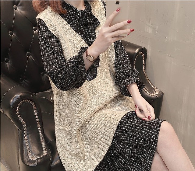 大きいサイズ レディース 重ね着ワンピース 長袖 秋冬 ベージュ ブラック ベスト ニット 格子柄 S 大きいサイズ 送料無料 レディース通販店 株 ｋｅｃｃｈi 静岡