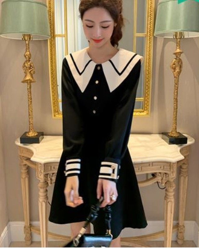 ワンピース 長袖 ミニ丈 フレア セーラー風 フロントボタン 大人可愛い デート お出かけ 春 Quadrifolie クローバー