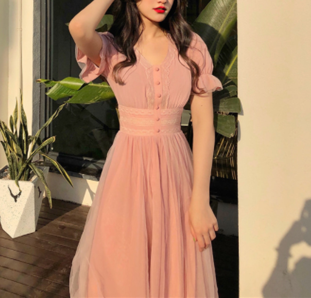 メッシュワンピース ピンク 夏 半袖 21 パフスリーブ Aライン 無地 Cinderella Story