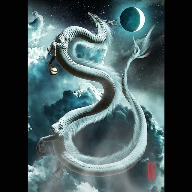 龍の絵 三日月と白龍 暗め 竜の絵 龍の絵