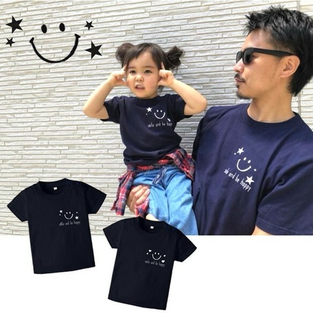 ネイビー スマイルｔシャツ 星かハートの２柄 名入れ可能です ７０ 大人サイズまで お揃いコーデ 赤ちゃんも Hand Made Print Shop