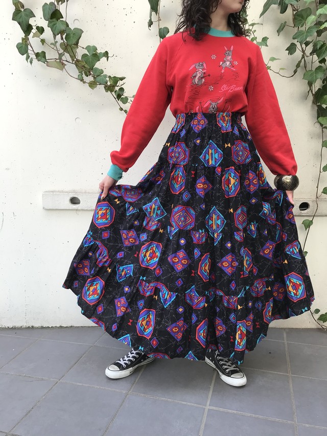 Vintage Black Multi Color Native Cotton Long Skirt ヴィンテージ ブラック マルチカラー ネイティブ柄 コットン ロング スカート Riyad Vintage Shop