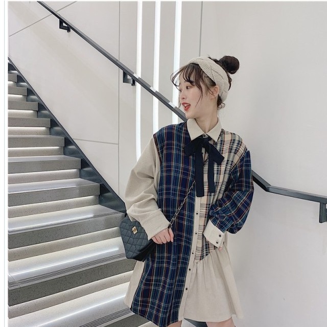 冬服 韓国 レディース タータンチェック柄 アシンメトリー シャツワンピース 長袖 膝丈ワンピース アシメ チェック レディース 韓国 ファ Basecamp49