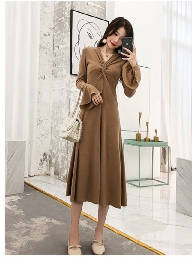 カシュクールニットワンピース カシュクール 冬服 ワンピ リブニッ ロング おしゃれ 長袖 秋服 ワンピース コーデ ニット かわいい 冬 フ Basecamp49