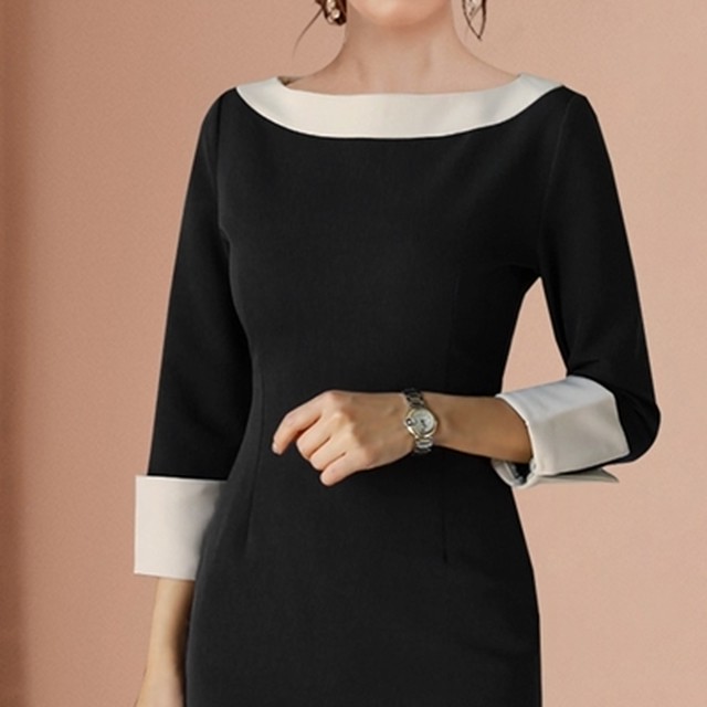 結婚式 ワンピース 春 きれいめ 袖あり ひざ下丈 レディース 7分袖 ドレス ミディ丈 ワンピ シンプル タイト エレガント バイカラー ブラック お呼ばれ 黒 大きいサイズ Xl 入学式 七五三 ママスーツ お宮参り 母 ママ パーティ かっこいい 入園式 30代 40代