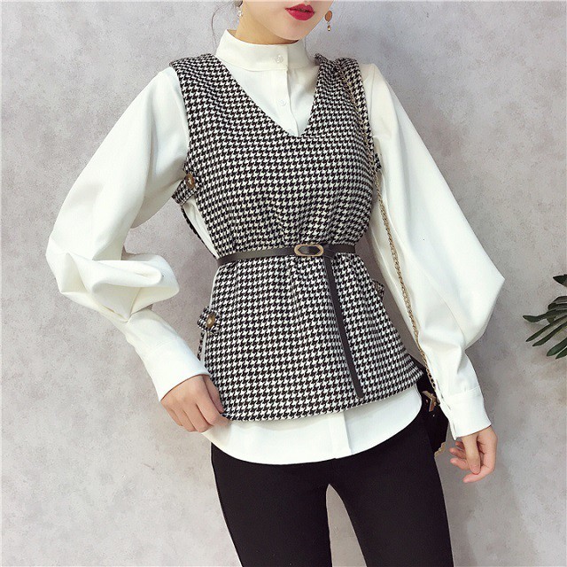 千鳥格子ベスト ビスチェ パフスリーブシャツ セットアップ ボリューム袖 ブラウス レディース トップス 春服 秋服 春秋 通勤服 韓国 ファッション 韓国 A0177 Aeka Clothet