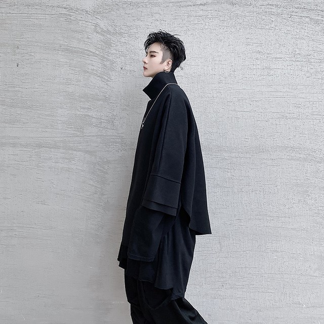 メンズ モード系 タートルネック ハイネック 7分袖 セーター 黒コーデ 個性的 ビッグシルエット ゆったり ストリート系 原宿系 オルチャン 10代 代 天使と悪魔 サブカル系ファッション Seasonz