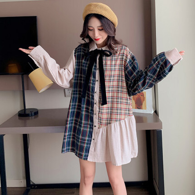 ワンピース レディース 可愛い おしゃれ チェック ワンピ スカート トップス 原宿 系 春 春服 秋服 秋 長袖 ニッチ 新作 切り返し 人気 リボン 韓国 Max Voyage