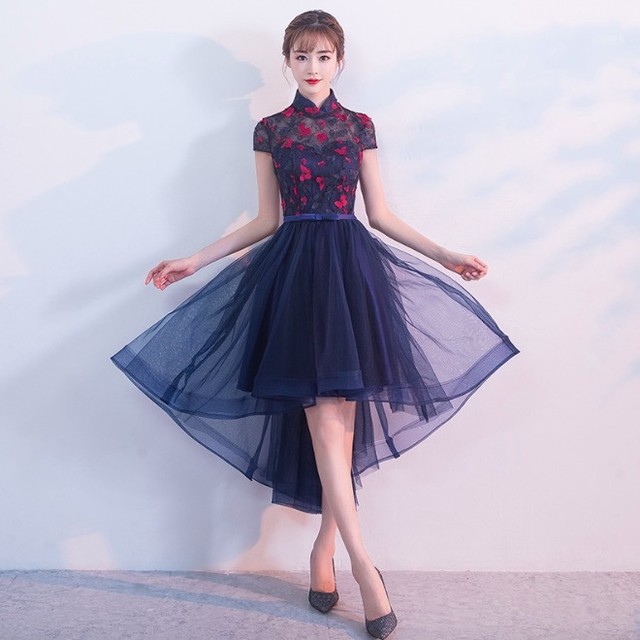 即納 Mネイビー スタンドカラー パーティードレス 袖あり フィッシュテール チャイナカラー レース ワンピース 結婚式 二次会 食事会 お呼ばれ Fashionlover