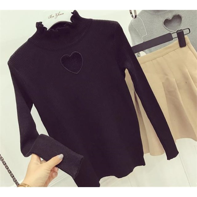 人気 ハート くり抜き ニット 襟元フリル モテ上品 セーター スナイデル系 黒 Girlboss