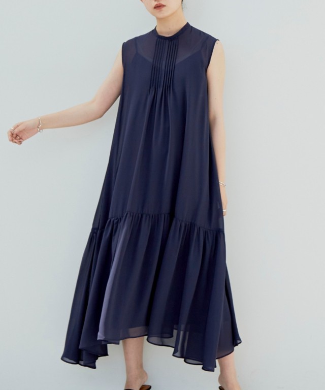 ノースリーブピンタックシアーマキシワンピース Nvy Aunt Marie S