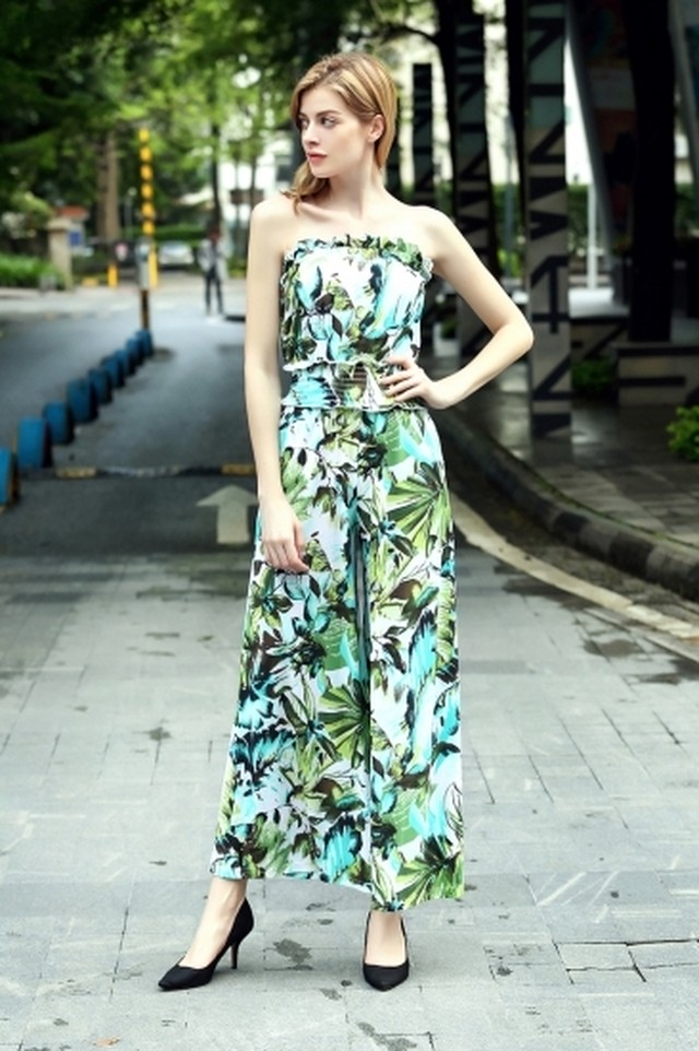 ロング オフショルダー ノーカラー 柄パンツ スカンツ スカーチョ トロピカル柄 ワンピース オールインワン サロペット 春夏 Brillia Style