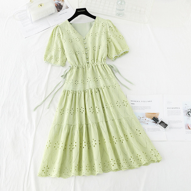 No 780 パンチングレース スカラップ ワンピース Vネック パフスリーブ フェミニン 上品 韓国のプチプラレディース 子供服ショップ Sourire