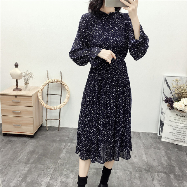 シフォンプリーツワンピース フラワー 花柄 小花柄 ハイネック ロングワンピース パステルカラー シフォンワンピース プリーツワンピース ロングスカート レトロ ガーリー フェミニン カジュアル 上品 韓国 オルチャン 韓国ファッション 新作 春 秋冬 秋 冬 Om 439