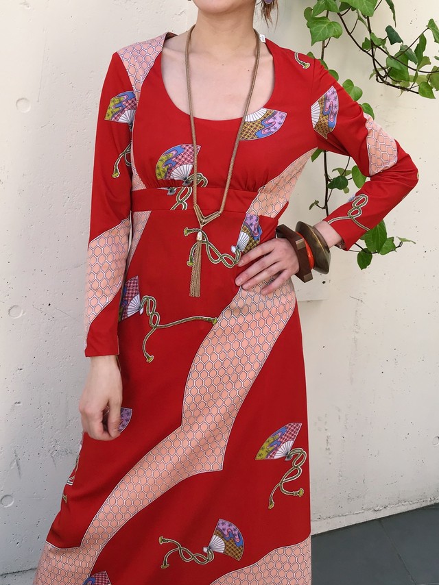 70s Oriental Red Maxi Dress ヴィンテージ オリエンタル 赤 マキシワンピース Riyad Vintage Shop