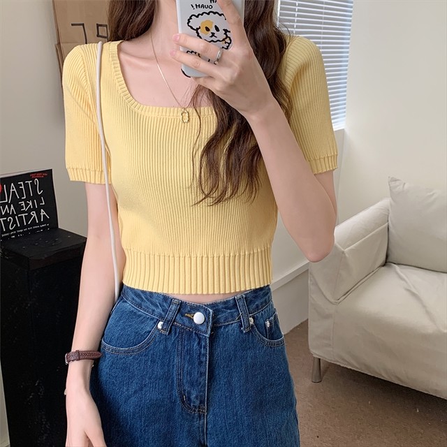 薄手ニット 半袖 ニット トップス Tシャツ 無地 キレイめ スリムフィット 可愛い サマーニット レディース ショート丈 上品 大人コーデ きちんと感 デート 取寄 発送目安14 21日営業日 Laff Store 会社情報 納期の確認をお願いします