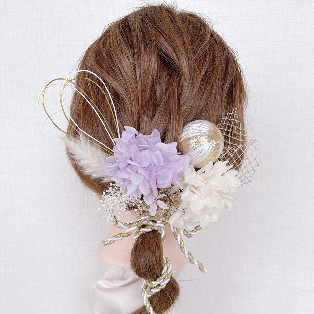 R13 ドライフラワー と和玉の髪飾り 紐アレンジ 紫 Lomeri ロメリ お花のヘアアクセサリー専門店