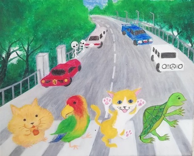 ビートルズ パロディ 楽しい動物達と高級車がならぶアビーロードの絵 アクリル画 絵画shop ヒカリ