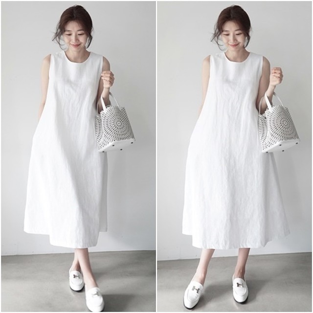 全2色 コットンリネンワンピース Aライン ゆったり 薄手 ミモレ丈 ナチュラル シンプル リラックス ラウンドネック 春夏 お出かけ デート 女子会 デイリー ノースリーブ ベーシック 無地 Arroser