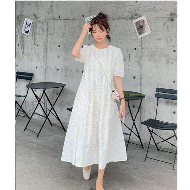 ワンピース レディース マタニティ パフスリーブ ロング丈 花柄 夏 半袖 ラウンドネック 甘い かわいい ガーリー フェミニン フローラル ハイウエスト フレア Aライン 夏 恥骨bornブリリアント