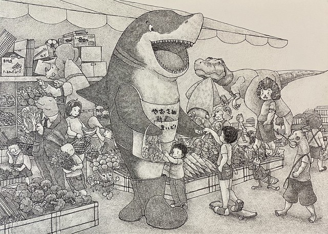 サメの八百屋さん 八百さめ ペン画原画 Masa ペン画 絵