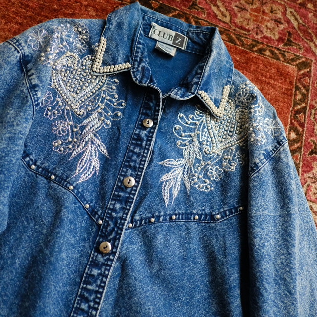 銀刺繍 ケミカルデニムシャツ Daffie Vintage