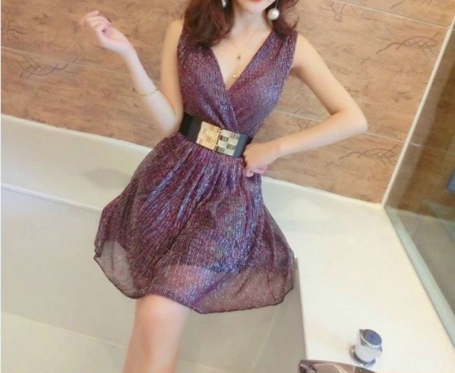 18新作 セクシーなシースルーワンピース ミニ丈 ノースリーブ パープル ゴールド レディース Aeka Clothet