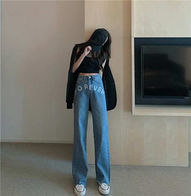 ウォッシュドレタープリントジーンズレディース夏ハイウエストゆるくて細いワイドレッグパンツドラッグパンツ ハイウェスト サマー 夏物 ワイドパンツ The Empress Chaos