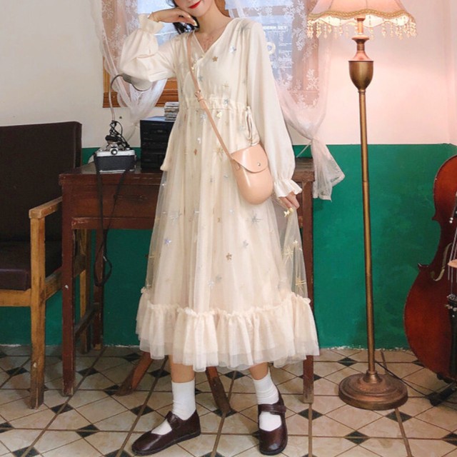 メッシュ ワンピース ロング丈 ホワイト Vネック レトロ ガーリー ロリータファッション Lolita 1131 Sweet Closet