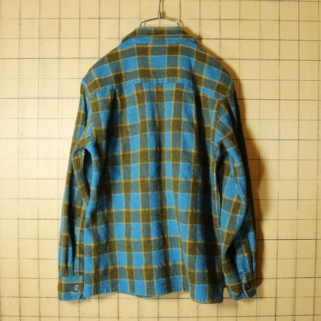 Penneys Town Craft 60s ウール ボックス オープンカラー シャツ メンズs相当 古着 ブルー チェック 開襟 Made In Japan 古着屋ataco Garage