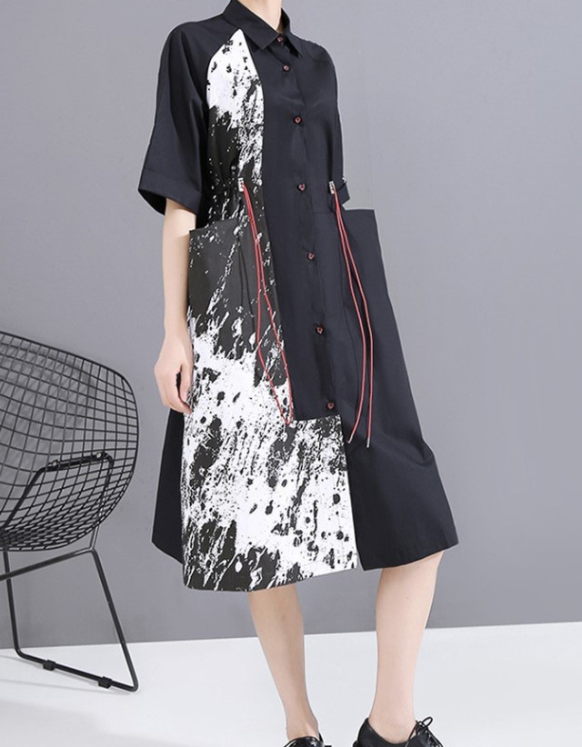Top Mode ワンピース 膝丈 シャツワンピース ラフ感 ゆったり ブラック 黒 Cool ルーズ チャイナ風 カンフー デザイン ヴィジュアル系 ライブ 舞台 ステージ 衣装 春物 シンプル モード系 個性派 メンズ レディース ユニセックス Rmd162 Top Mode