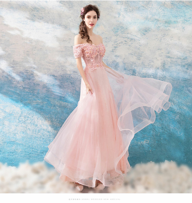 オンライン限定商品 カラードレス 薄ピンク プリンセ オフショル ビーズ パール ソフトチュール ミディアムドレス