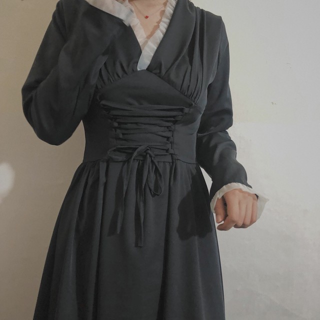 シャツワンピース レトロ 黒 キレイめ かっこいい イベント ドレス 長袖 韓国 ファッション Redbell