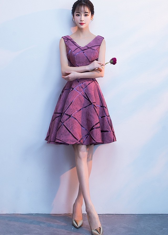 ノースリーブ ひざ上丈 ｖネック パープル ワンピース ドレス 披露宴 二次会 同窓会 パーティー お呼ばれ 結婚式 謝恩会 演奏会 式典 コンサート Duox0037 19新作ドレス Onlythebestオンリーザベスト