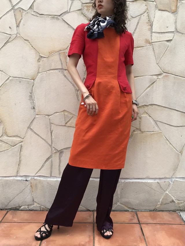 60s Orange Red Bi Color Cotton Linen Dress ヴィンテージ オレンジ レッド バイカラー コットン リネン ワンピース Riyad Vintage Shop