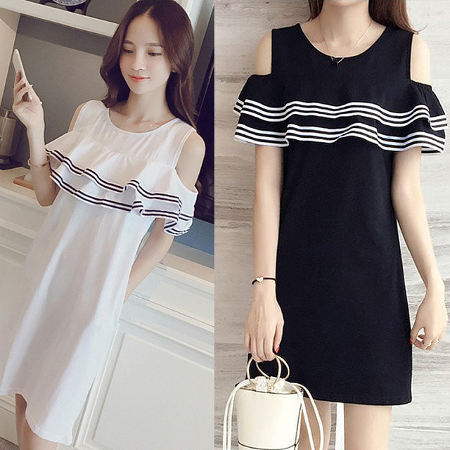 即納 ミニワンピース フリル オフショルダー 肩出し 半袖 フェミニン モノトーン チュニック レディース M Xl 白 黒 ホワイト ブラック Ns 0106 Daily Closet