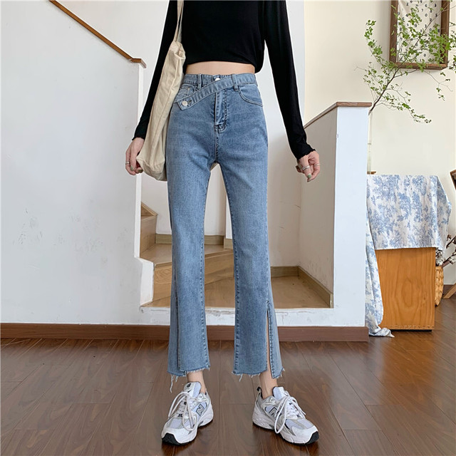大きいサイズ レディース パンツ ボトムス 春秋 デニム ９分丈 ストレート ハイウエスト スリット入り パンツ ｇパン シンプル カジュアル おしゃれ メンズライク お出かけ デート 通勤 通学 学生 キャンパス 旅行 普段着 ライトブルー Hf110 Haru Meets Foo