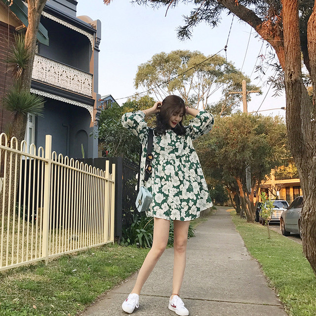 人気 韓国スタイル Aライン フラワープリント ベビードールドレス 7分袖 Xu クロスユー