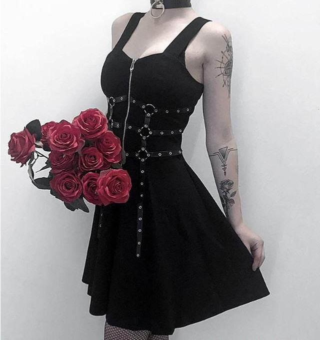 ゴスロリ系 ワンピース オフショル ハードガール Zipアップ ストラップベルト ノースリーブ パンク ストリート系 病みかわいい ゴシック V系 原宿系 オルチャン 10代 代 天使と悪魔 サブカル系ファッション Seasonz
