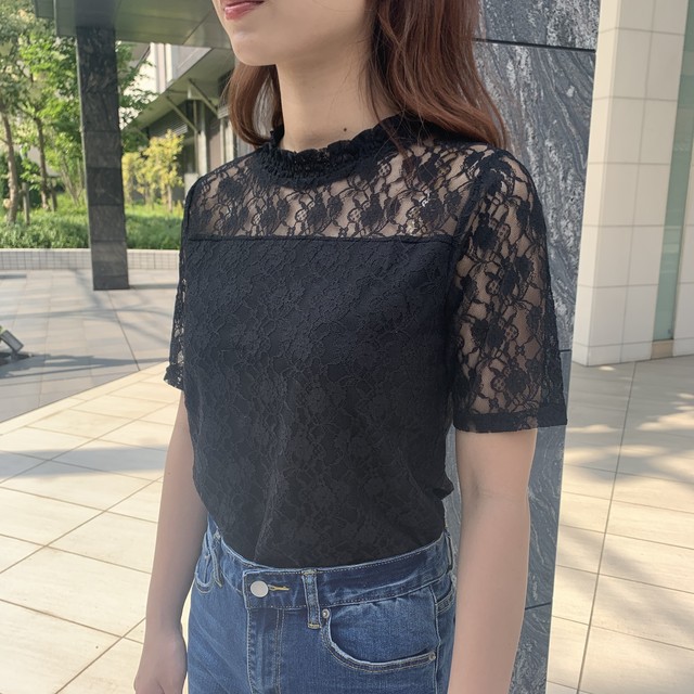 スイッチングレース半袖ブラウス Storekii