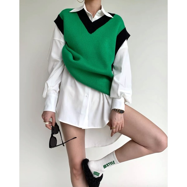 green v neck vest