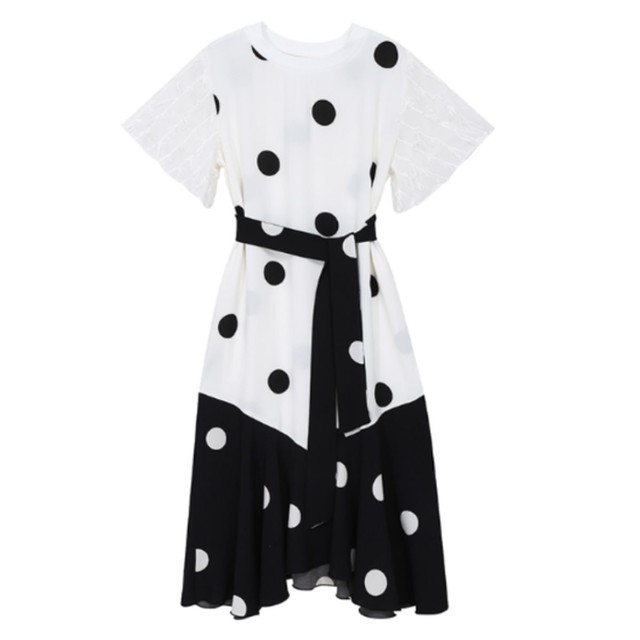 フレンチ レトロ ワンピースドレス バイカラー ドット 大柄ドット 半袖 レース ゆったりサイズ フリル アシメトリー ひざ下丈 レディース 夏 春 秋 お支払い後日以内に発送 Top112 Garcons