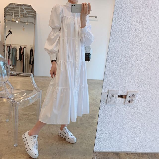 シャツ ロングワンピース スタンドカラー 長袖 ゆったり 女子会 デート 通勤 くつろぎ リラックス マキシ カジュアル こなれ Sunrise0911