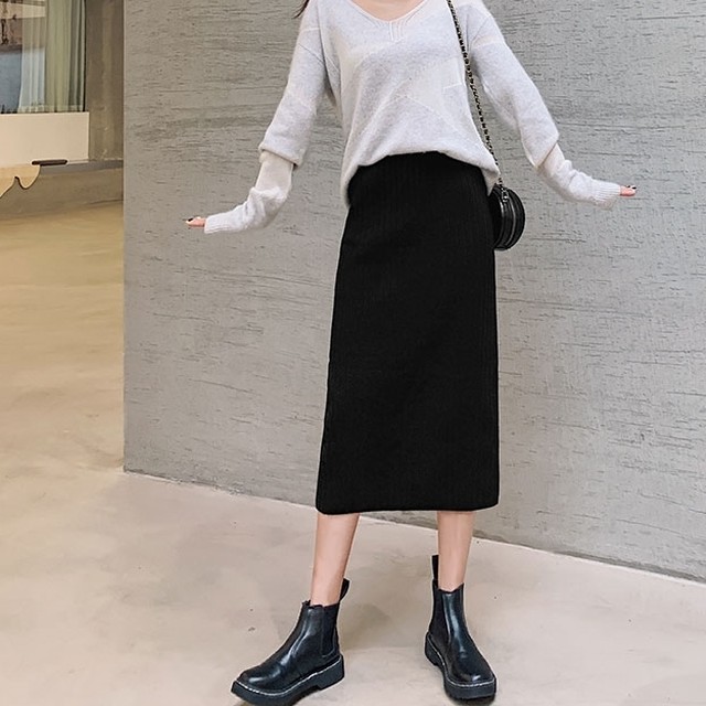 リブニットスカート 無地 ロング丈 ミモレ丈 ウエストゴム シンプル リブニット スカート 秋 冬 大人 デート お出かけ 旅行 女子会 韓国 韓国ファッション オルチャン 可愛い レディース Fa744 Musubi Me 韓国 オルチャン レディースファッションのお店